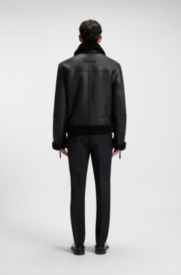 Leather jacket with shearling trims, Black