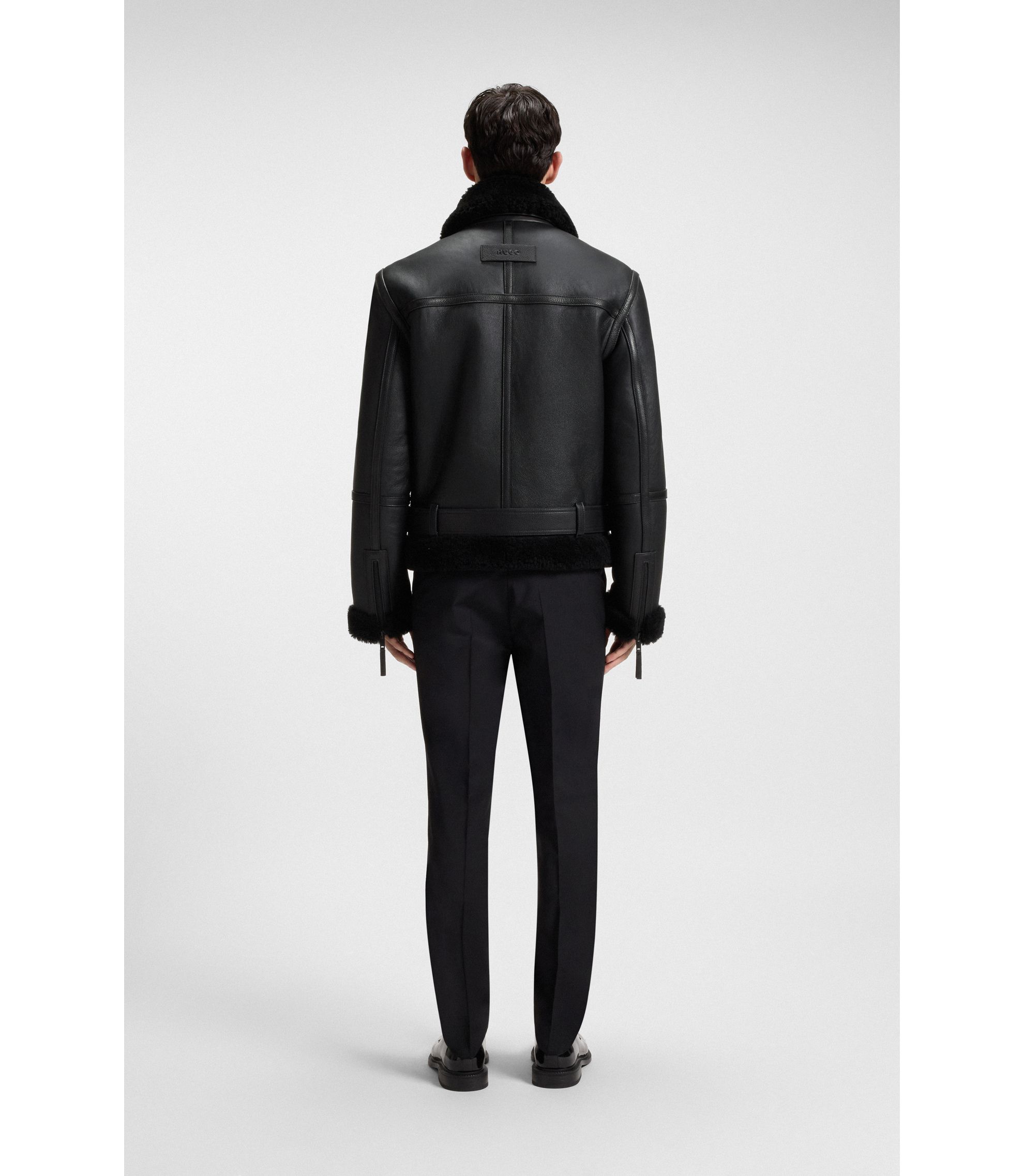 HUGO - Leather jacket with shearling trims - Black