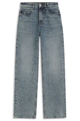 パンツ rhinestone ribbon straight denim Rhinestone Straight Leg Jeans- Women's Rhinestone Denim
