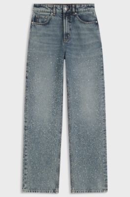 Jeans mit geradem Beinverlauf und Strass-Verzierungen, Blau