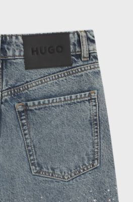 Jeans a gamba dritta con strass decorativi, Blu