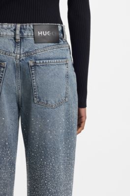 Jeans met rechte pijpen versierd met strassteentjes, Blauw