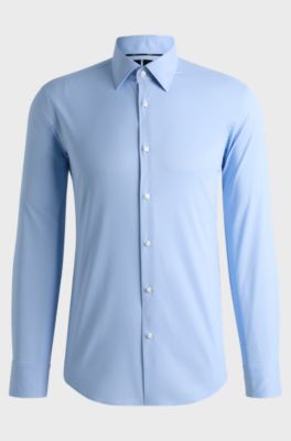 Regular-fit shirt in structured stretch fabric, Light Blue