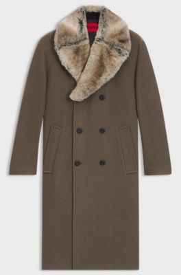 Virgin-wool coat with removable faux-fur collar, Grey