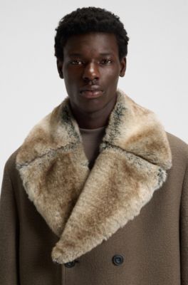 Virgin-wool coat with removable faux-fur collar, Grey