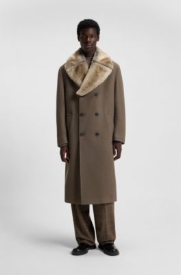 Virgin-wool coat with removable faux-fur collar, Grey