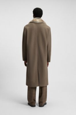 Manteau en laine vierge avec col amovible en fourrure synth&eacute;tique, Gris