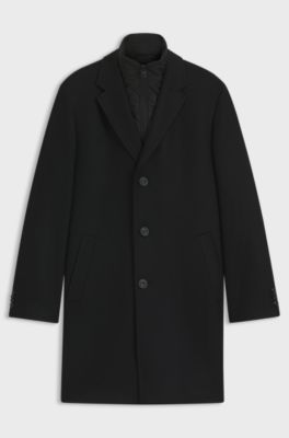 Wool-blend coat with quilted inner vest, Black