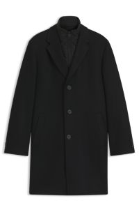 Wool-blend coat with quilted inner vest, Black