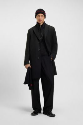 Wool-blend coat with quilted inner vest, Black