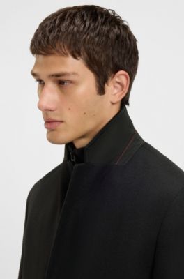 Wool-blend coat with quilted inner vest, Black