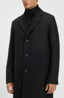 Wool-blend coat with quilted inner vest, Black