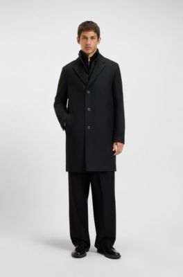 Wool-blend coat with quilted inner vest, Black