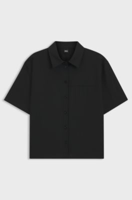 Regular-Fit Kurzarm-Bluse aus Schurwolle, Schwarz