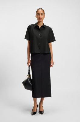 Regular-fit blouse met korte mouwen van scheerwol, Zwart