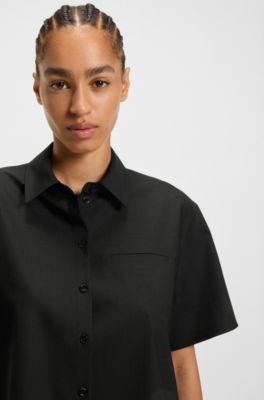 Regular-fit short-sleeved blouse in virgin wool, Black