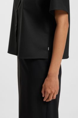 Regular-Fit Kurzarm-Bluse aus Schurwolle, Schwarz