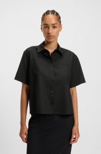 Regular-Fit Kurzarm-Bluse aus Schurwolle, Schwarz
