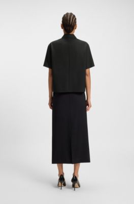 Regular-Fit Kurzarm-Bluse aus Schurwolle, Schwarz