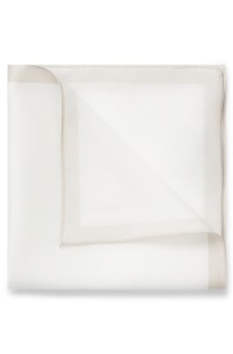 Plain pocket square with logo and border, White