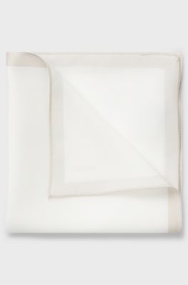 Plain pocket square with logo and border, White