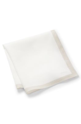 Plain pocket square with logo and border, White