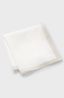 Plain pocket square with logo and border, White