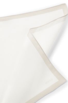 Plain pocket square with logo and border, White