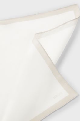 Plain pocket square with logo and border, White