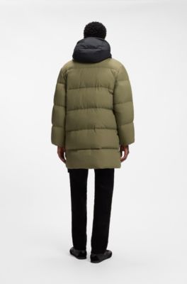 Cappotto imbottito lungo con finitura idrorepellente, Oliva