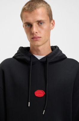 Cotton-blend hoodie with waxed-stamp logo, Black