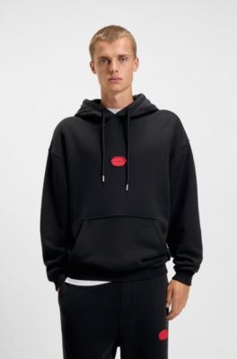 Cotton-blend hoodie with waxed-stamp logo, Black