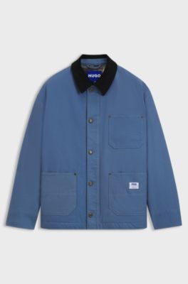 Oversized-fit jacket in cotton canvas with corduroy collar, Blue