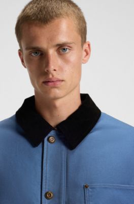 Oversized-fit jacket in cotton canvas with corduroy collar, Blue