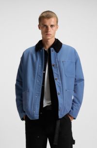 Oversized-fit jacket in cotton canvas with corduroy collar, Blue