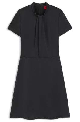 Regular-fit satin dress with drape neckline detail, Black
