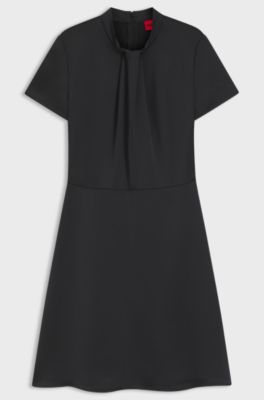 Regular-fit satin dress with drape neckline detail, Black