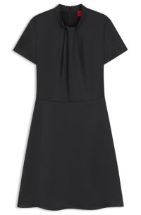 Regular-fit satin dress with drape neckline detail, Black