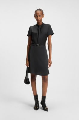 Regular-fit satin dress with drape neckline detail, Black