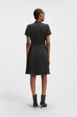 Regular-fit satin dress with drape neckline detail, Black