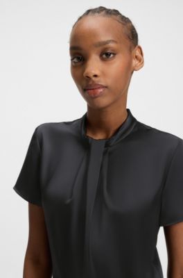Regular-fit satin dress with drape neckline detail, Black