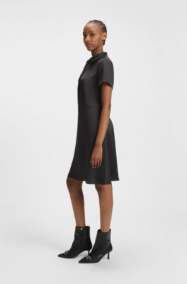 Regular-fit satin dress with drape neckline detail, Black