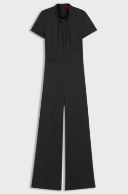 Regular-fit jumpsuit in satin with draped neckline detail, Black