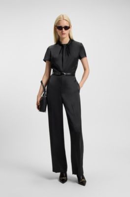 Regular-fit jumpsuit in satin with draped neckline detail, Black
