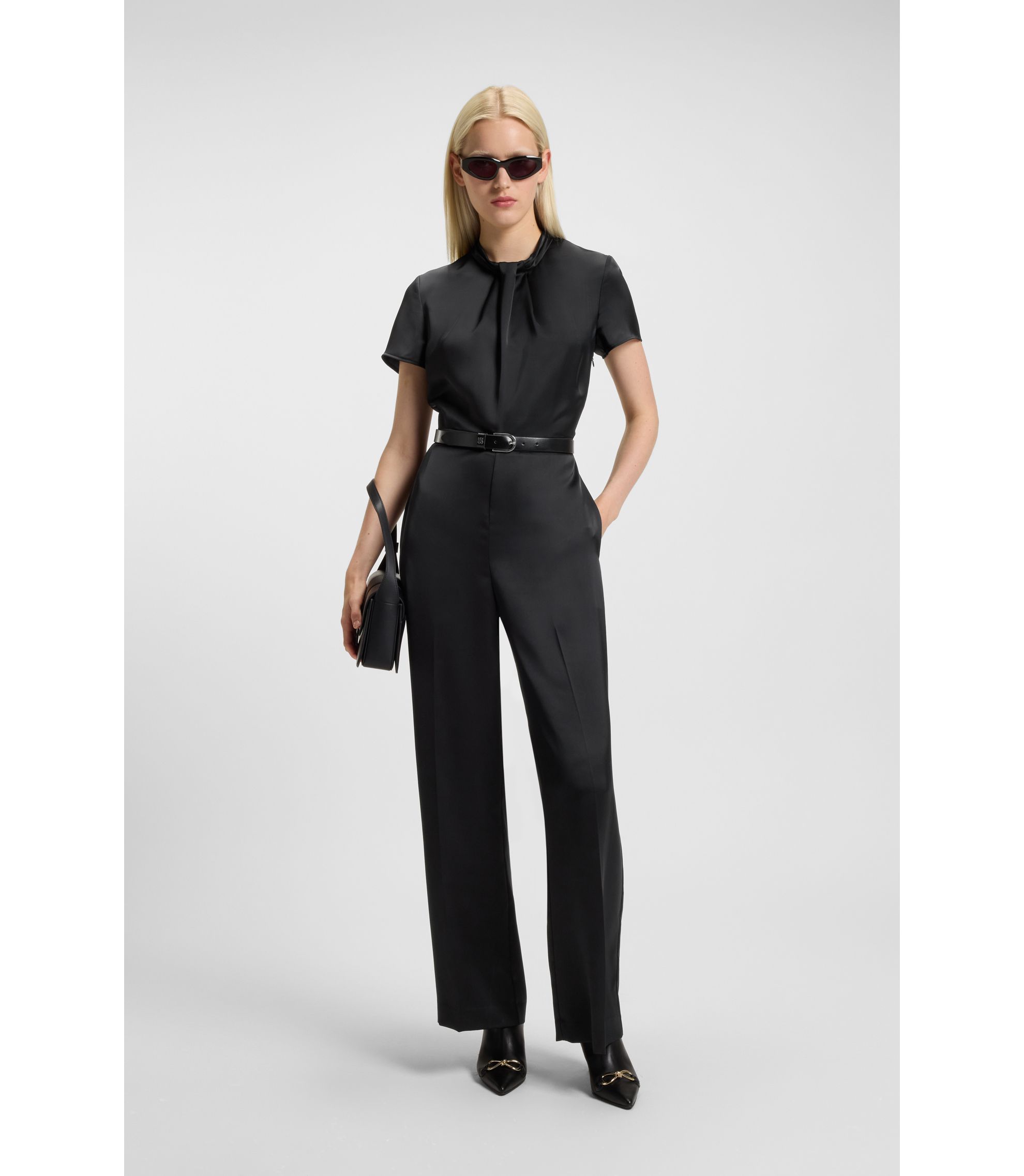 HUGO Regular-fit jumpsuit in satin with draped neckline detail