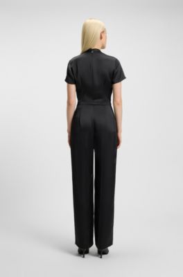 Regular-fit jumpsuit in satin with draped neckline detail, Black