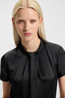 Regular-fit jumpsuit in satin with draped neckline detail, Black