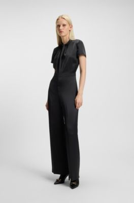 Regular-fit jumpsuit in satin with draped neckline detail, Black