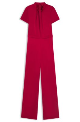 Regular-fit jumpsuit in satin with draped neckline detail, Red