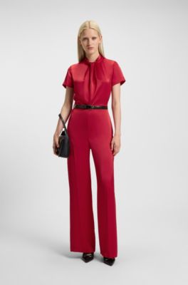 Regular-fit jumpsuit in satin with draped neckline detail, Red
